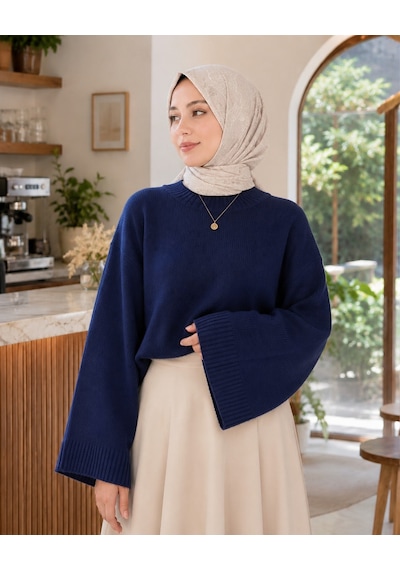 Unika Boutique Kadın Yarasa Kol Oversize Triko Kazak Lacivert