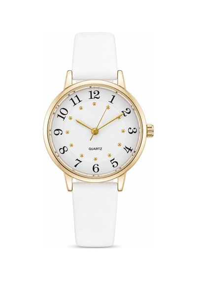 Kadın Kol Saati Beyaz Deri Kordon Sarı Kasa Beyaz Analog Kadran St-304458