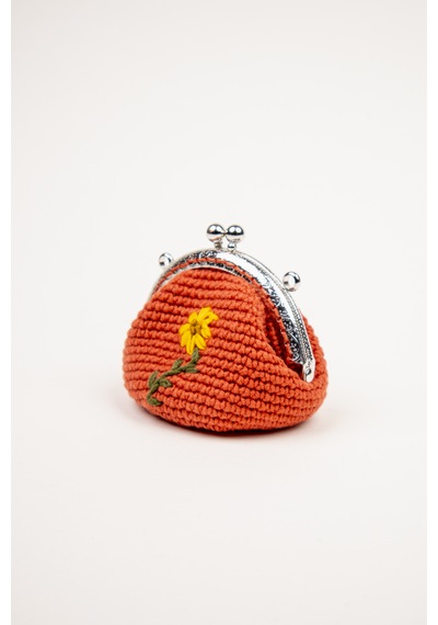 Fabric Craft Bag Bozuk Para Cüzdanı Klipsli Örgü, Çiçek Nakışlı Merserize İplik Kiremit
