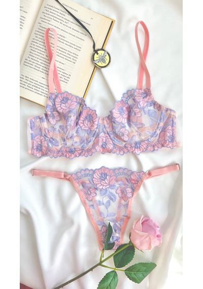 Arinda Romantic Zarif Çiçek Desenli İşlemeli Balenli Kapsız Bralette Sütyen Tanga Alt Üst İç Çamaşırı Takımı 2 Parça Somon