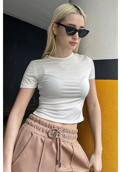 Beyaz Bisiklet Yaka Kısa Kollu Basic Tişört Mg1826 Beyaz