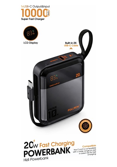 10.000mah 20w Lcd Göstergeli 2x Dahili Usb-c Kablolu Powerbank siyah