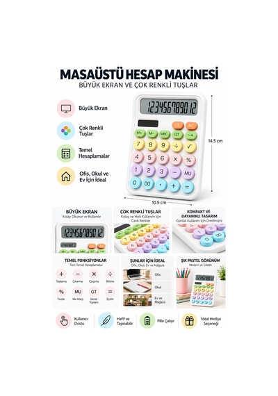 Lcd Ekran Hesap Makinesi 12 Haneli Hesap Makinesi Pastel Beyaz