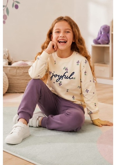 Pina Kids Kız Çocuk Kirazlı Desenli Okul Günlük Eşofman Takımı Esf7034 Mürdüm