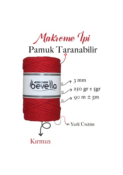 Taranan Makrome Ipi 3mm Taranabilir Pamuk Tek Büküm Makrome Ipi Kırmızı