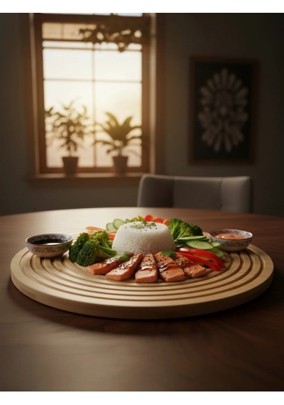 Mybru Bambu Yuvarlak Şeritli Sunum Tabağı Servis Tabağı 28 Cm Kahverengi