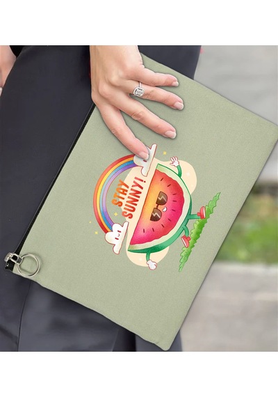 Bk Gift Yaz Temalı-7 Astarlı Mint Yeşili Portföy Çanta 30x21cm, Baskılı El Çantası, Organizer Çanta Yeşil