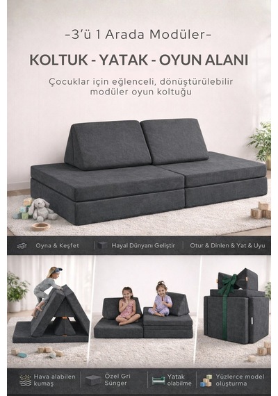 Yatella 4 Parça Katlanabilir Çocuk Koltuğu Yatak & Minder Çok Amaçlı Modüler Tasarım - Sarı