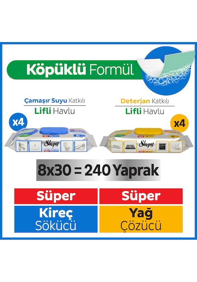 Sleepy Easy Clean Süper Yağ Çözücü&Kireç Sökücü Yüzey Temizlik Havlusu&Mendili 8x30 (240 Yaprak)