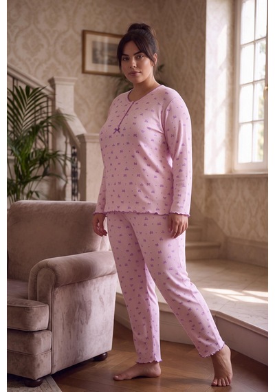 Seboteks Fitilli Kaşkorse Kumaş Uzun Kollu Büyük Beden Kadın Pijama Takımı 2990 Pembe