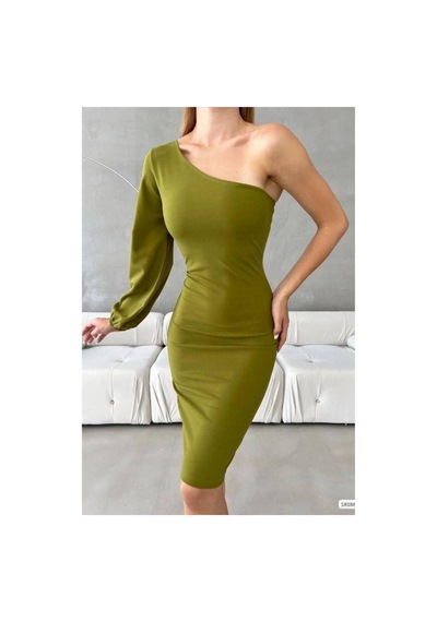 Lior Design Kadın Şık Model Krep Kumaş Tek Omuz Abiye Elbise Yeşil