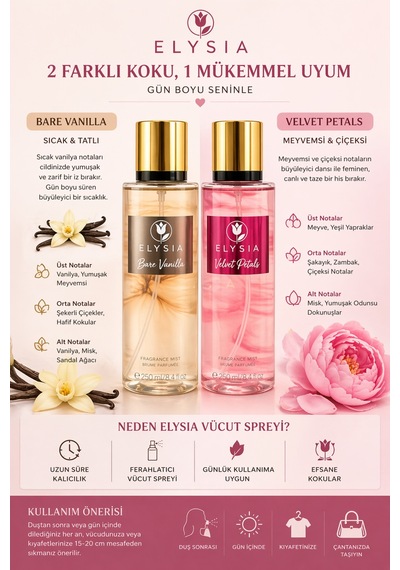 Elysıa Bare Vanilla & Velvet Petals 2 Li Set Kadın Vücut Spreyi 250 Ml X2 Kalıcı Ferah Parfüm Mist