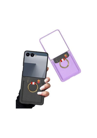 Galaxy Uyumlu Z Flip 7 Pazarplus Kıpta Yüzüklü Kartlıklı Kılıf Siyah Karbon