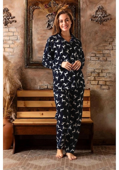 Sude Kadın Gömlek Yaka Polar Pijama Takımı M913 - 1 Adet 001