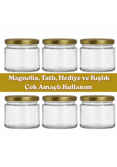 6 Adet Cam Kavanoz Seti 300 Cc Gold Kapaklı, Çok Amaçlı Magnolia, Tatlı Ve Kışlık Kullanım Altın - Şeffaf