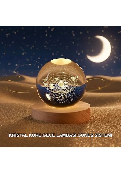 Mey İthalat Dekoratif Led Kristal Küre Ahşap Altlıklı Şık Gece Lambası