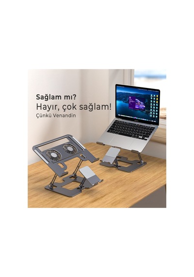 Hldcldk-001 Cooldock Çift Fanlı Metal Laptop Soğutucu Stand, 10 17 İnç, Katlanabilir, Telefon Tutuculu Siyah Siyah