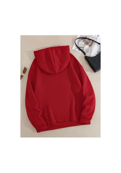 Herkesemoda Tatlı Kurdele Baskı Detaylı Kapüşonlu Sweatshırt Kırmızı