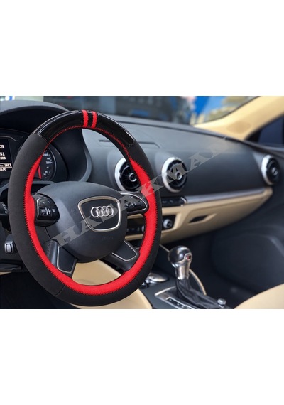 Audi A3 8v Dikme Direksiyon Kılıfı Parlak Siyah Kırmızı Detaylı Kırmızı Çift Yüzük Ve Dikiş 2012-2016