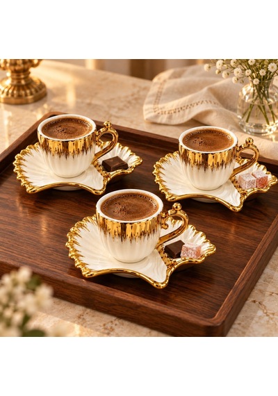 Valkyrie 6 Kişilik 12 Parça Gold Fiyonklu Porselen Türk Kahvesi Fincan Seti 80 Ml Kutulu Beyaz Altın