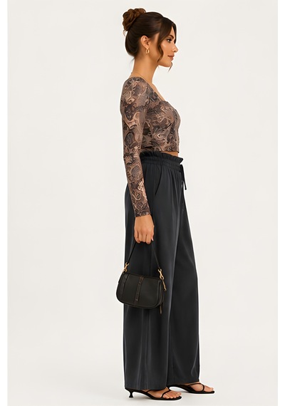 Lili Woman Kadın Paisley Desenli Tül Crop Bluz E.2557 Kahverengi