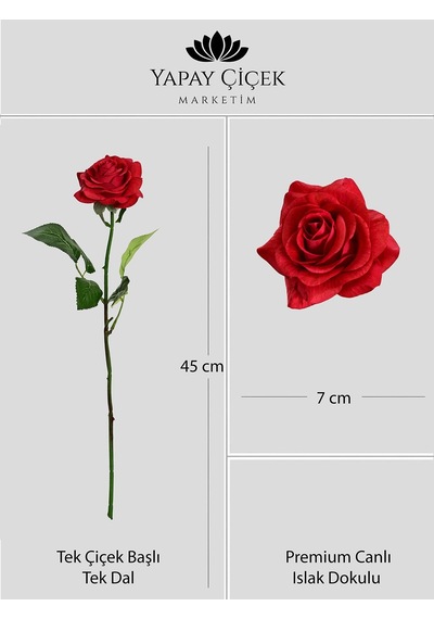Kırmızı Yapay Gül Tek Dal Premium Canlı Islak Dokulu 45 Cm