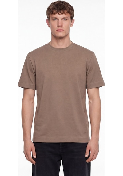 Sabri Özel Erkek Taba Normal Kesim Regular FitPamuk Dokuma Bisiklet Yaka Basic T-shirt