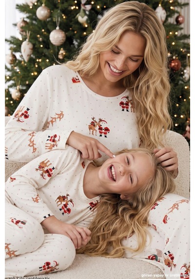 Siyah İnci Ekru Yılbaşı Temalı Desenli Termal Kumaşlı Ultra Soft Yumuşak Örme Pijama Takımı 26226923