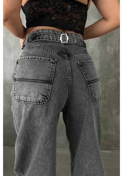 Füme Premium Yıkamalı Kemerli Baggy Jeans Füme