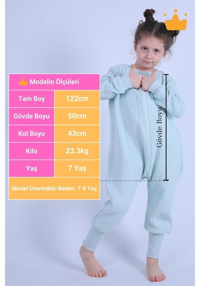 Babyhola Çocuk Mevsimlik Uyku Tulumu 2-8 Yaş 1 Tog 4 Kat Müslin Uzun Kollu Uyku Tulumu Mint Yeşil