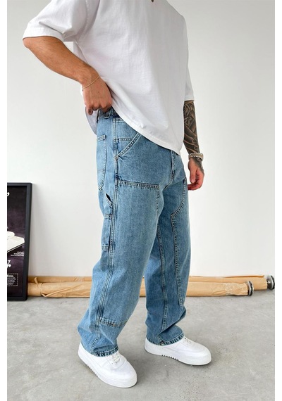 Buz Mavi Patch Tasarım Detaylı Ekstra Bol Baggy Pantolon