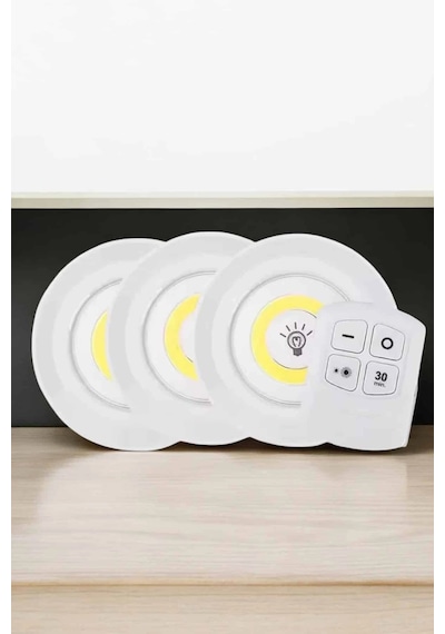 Mey İthalat Spot Lamba Led Işık 3'lü Uzaktan Kumandalı Pilli Yapışkanlı Kablosuz