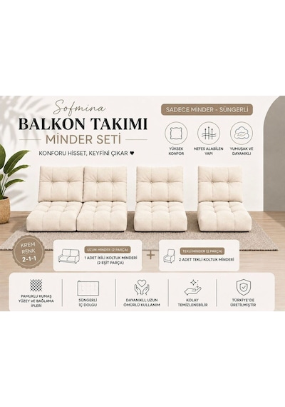 Leke Tutmaz 2-1-1 Balkon Bahçe Minder Seti - Fermuarlı Yıkanabilir İçi Dolu Krem