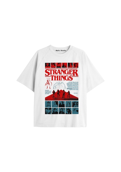 Stranger Things Baskılı Oversize Ünisex T-shirt Beyaz