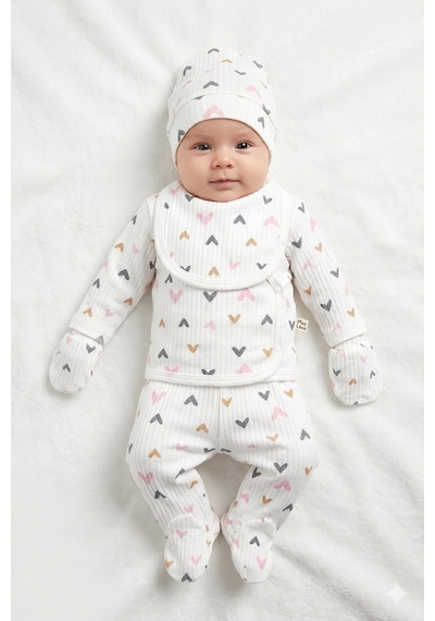 Baby Shez %100 Pamuklu Fitilli 5 Parça Yenidoğan Hastane Çıkışı Kalpli Zıbın Set Gri