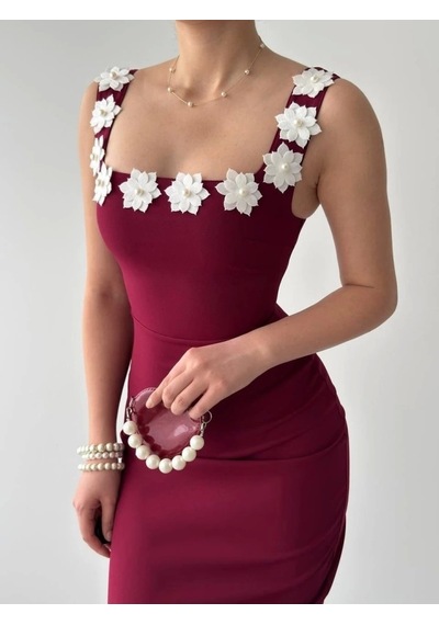 Defymoda Mıng Çiçek Detaylı Elbise Bordo