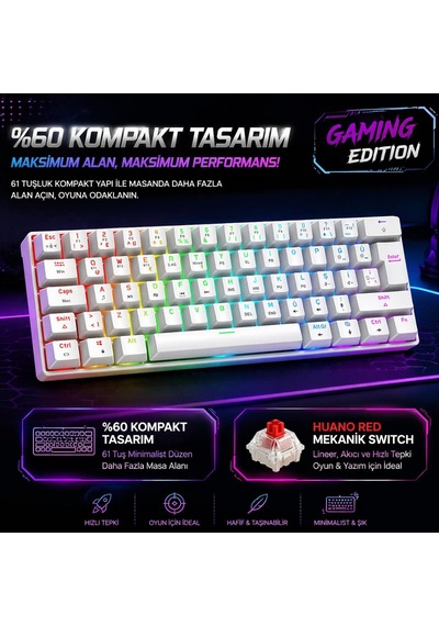 Kyra Mk61 Rgb Mekanik Gaming Oyuncu Klavyesi,%60 Kompakt, Bluetooth & 2.4g Kablosuz + Kablolu, Huano Red Switch, Türkçe Q,beyaz