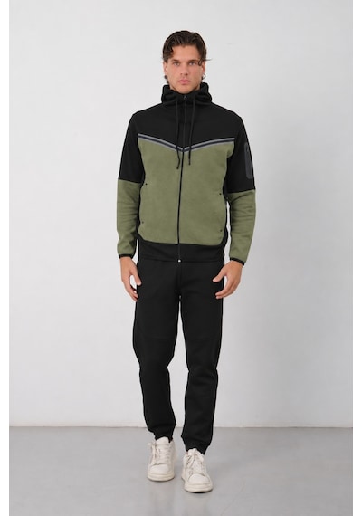 Dechers Erkek Siyah Tech Fleece Double Face Kapüşonlu Fermuarlı Eşofman Takımı - E228 Haki