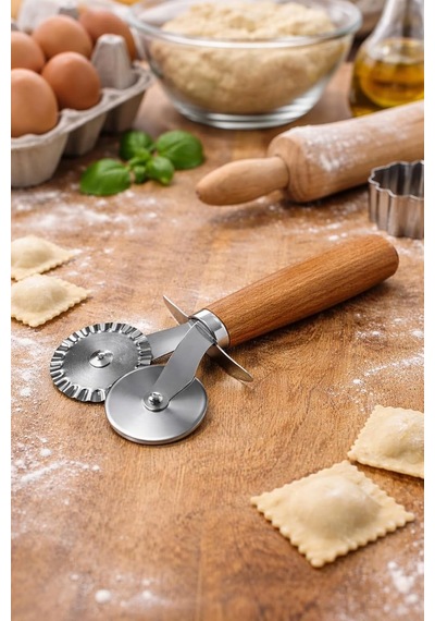 Ayrex Vıvaluxe Çift Taraflı Paslanmaz Çelik Hamur Ve Pizza Kesici, Tırtıklı Ve Düz Bıçaklı, Ergonomik Ahşap S Diğer