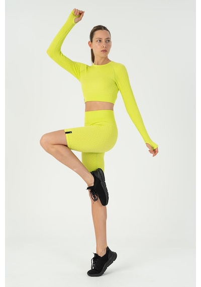 Maraton Slimfit Kadın Bisiklet Yaka Neon Yeşil Crop Top Neon Yeşil