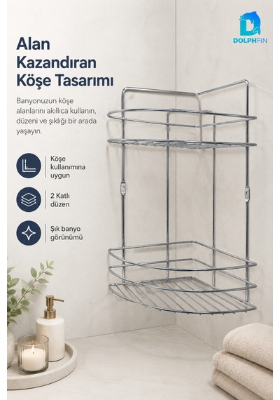 2 Katlı Gümüş Banyo Duş Rafı Metal Köşe Şampuanlık Sabunluk Banyo Düzenleyici Raf Metalik