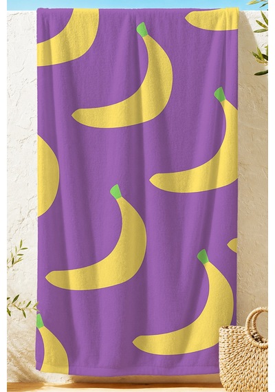 Muz Temalı Mor Sarı Plaj Havlu Örtüsu - Modern Tropikal Pop Art Hızlı Kuruyan Mikrofiber Havlu Örtü Ayaz Leylak