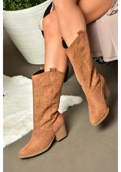 Fox Shoes R973934002 Taba Süet Kovboy Model Kadın Çizme Taba