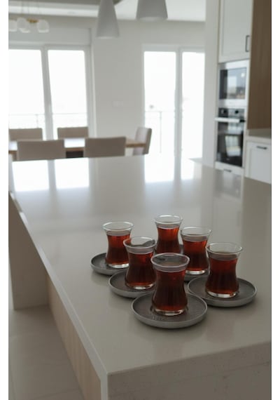 12 Parça Çay Bardağı Ve Çay Tabağı- Çay Takımı Seti Gri Renk Çay Tabağı Açık Gri