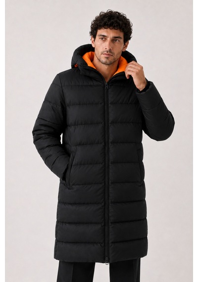 Maison Rae Erkek Uzun Puffer Mont - Parka, Rüzgar Ve Su Geçirmez,turuncu Astarlı, Kapüşonlu, Kışlık Mont Siyah