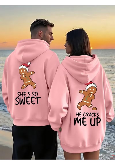 Nevermind Sevgili Çift Kombin Hoodie Gingerbread Baskılı Oversize Kapüşon Pembe