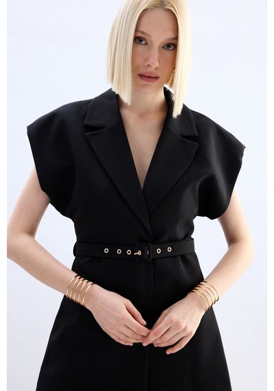 Sateen Kemerli Uzun Yelek - Siyah-136850 Siyah