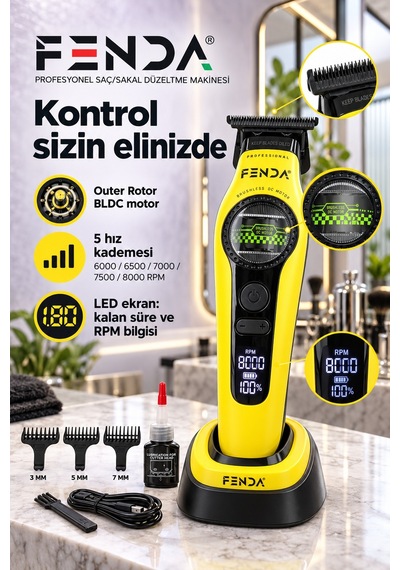 Fenda Profesyonel Bldc Motor 8000 Rpm Tıraş Makinesi Sarı