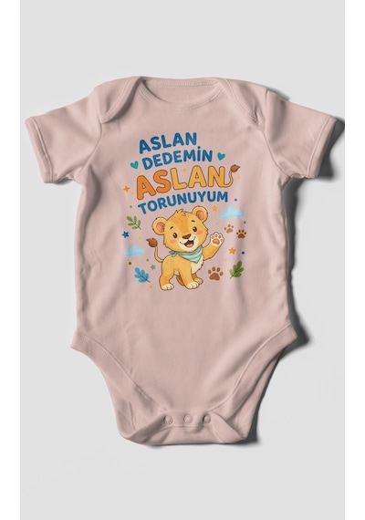 Morivokids Aslan Dedemin Aslan Torunuyum Kısa Kollu Bebek Body %100 Pamuk Pastel Pembe