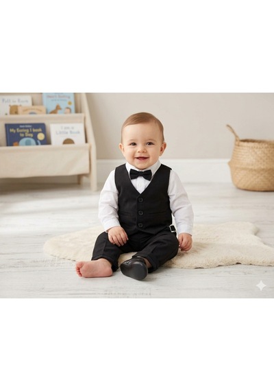Baby Kids Colors Erkek Çocuk Smokin Takım Elbise Düğmeli Yelekli Papyonlu Zincirli Siyah